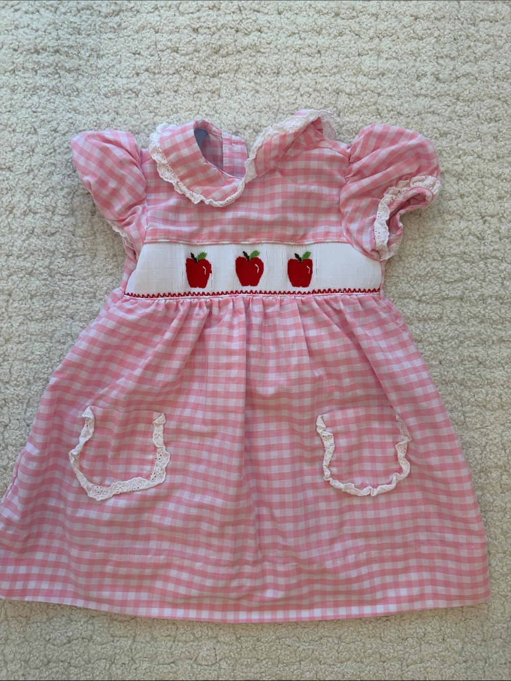 Girls Pink Gingham Apple Smocked Dress